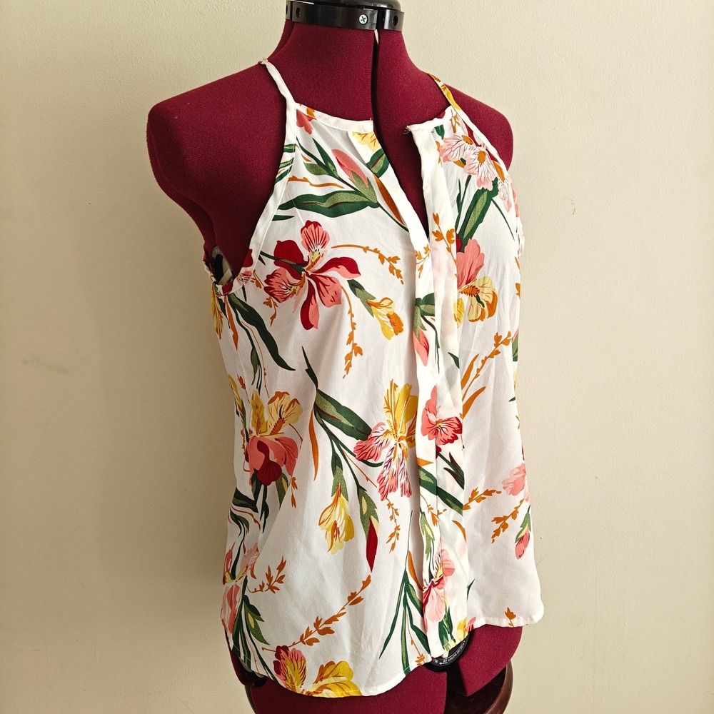 SHEIN Women Floral Halter Split Neck Camisole Top Blouse White‎ Pink Medium